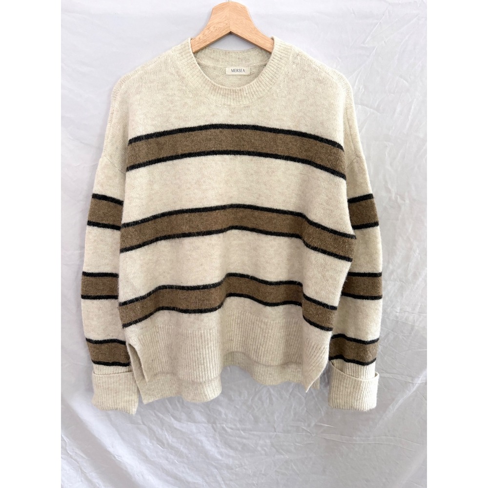 Mersea Striped Sweater Womens Cream Brown Black Wool Blend Crewneck Small